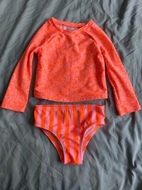 Cat& Jack Girls Neon Coral Long-Sleeve Rash Guard & Striped Bikini Set 12Mo
